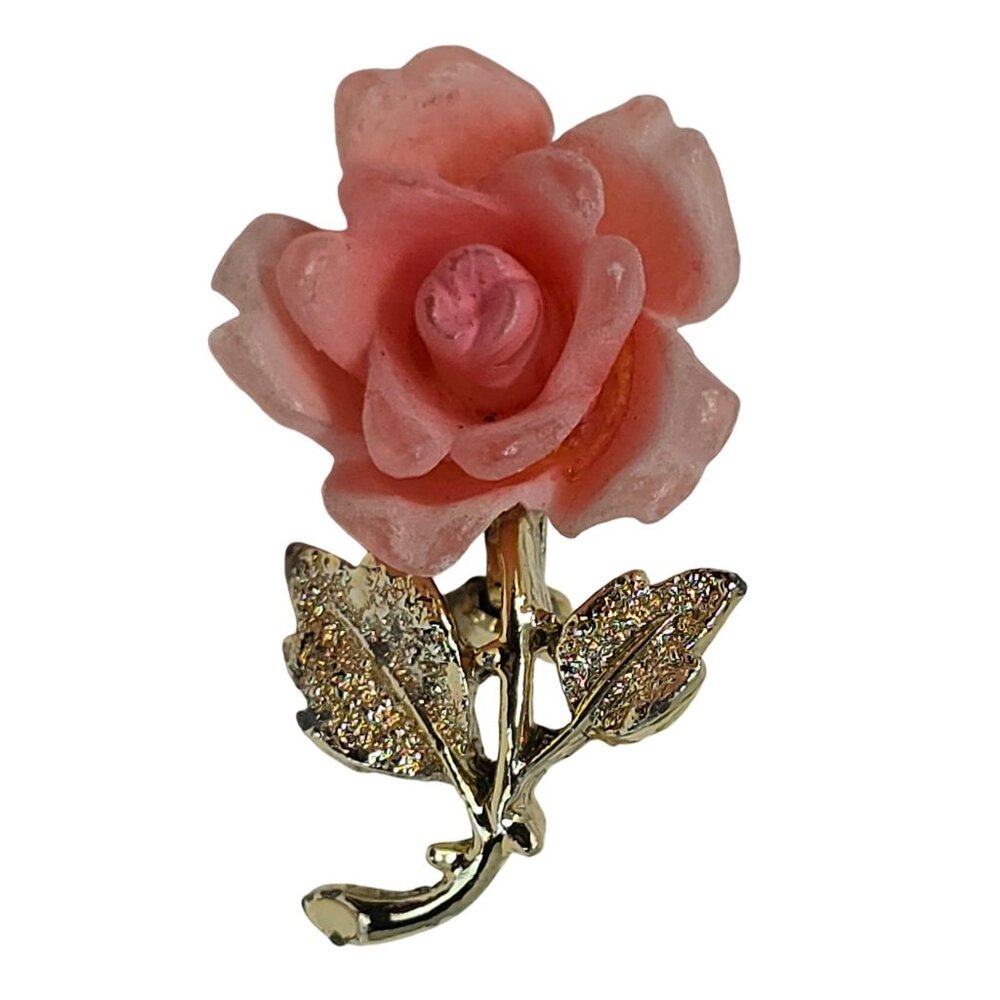 Vintage Pink Resin Rose Brooch Gold Tone Flower Lapel Pin 1980s